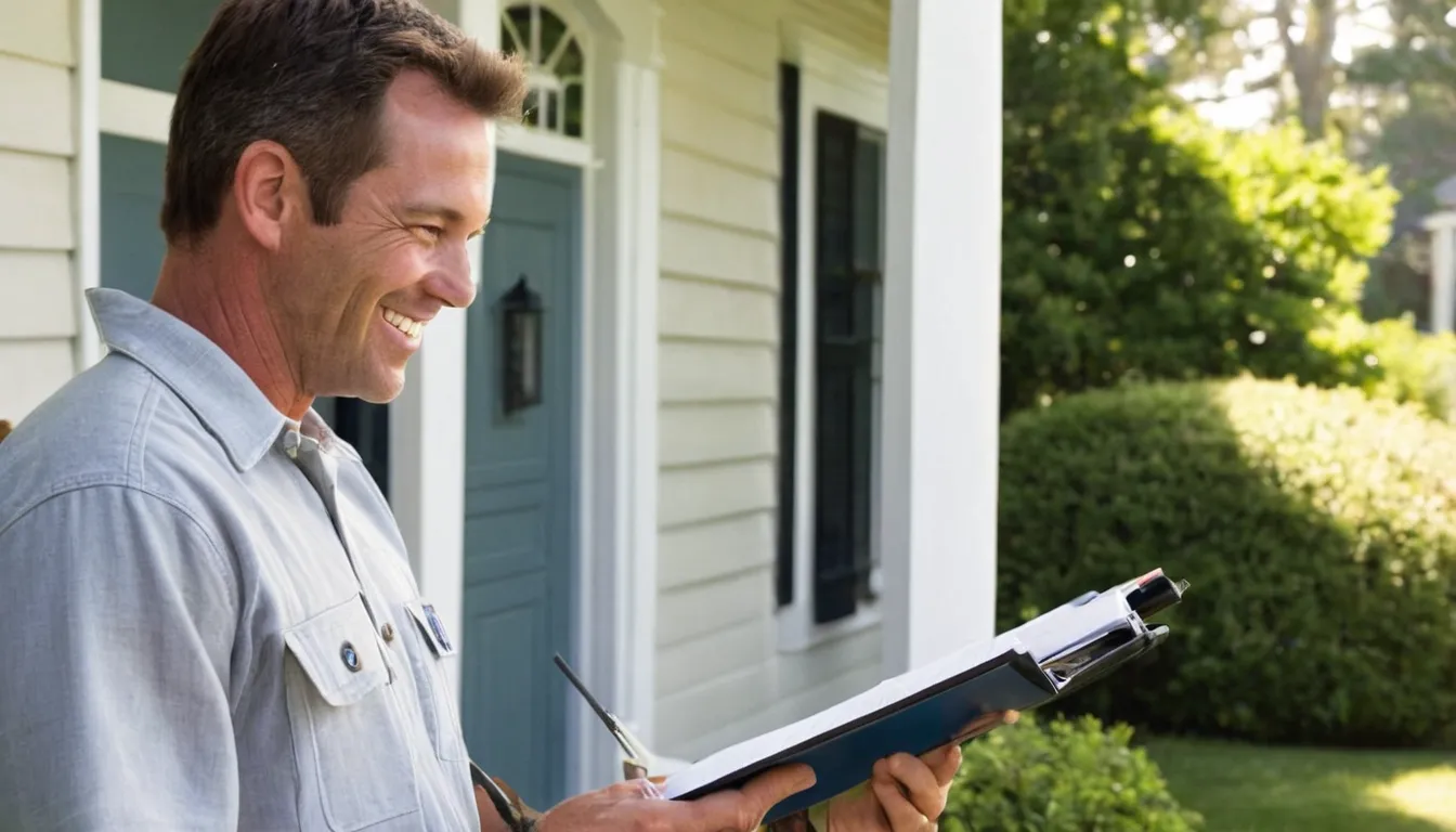 A friendly pest control provider talking with a homeowner at the front door of a Danbury home